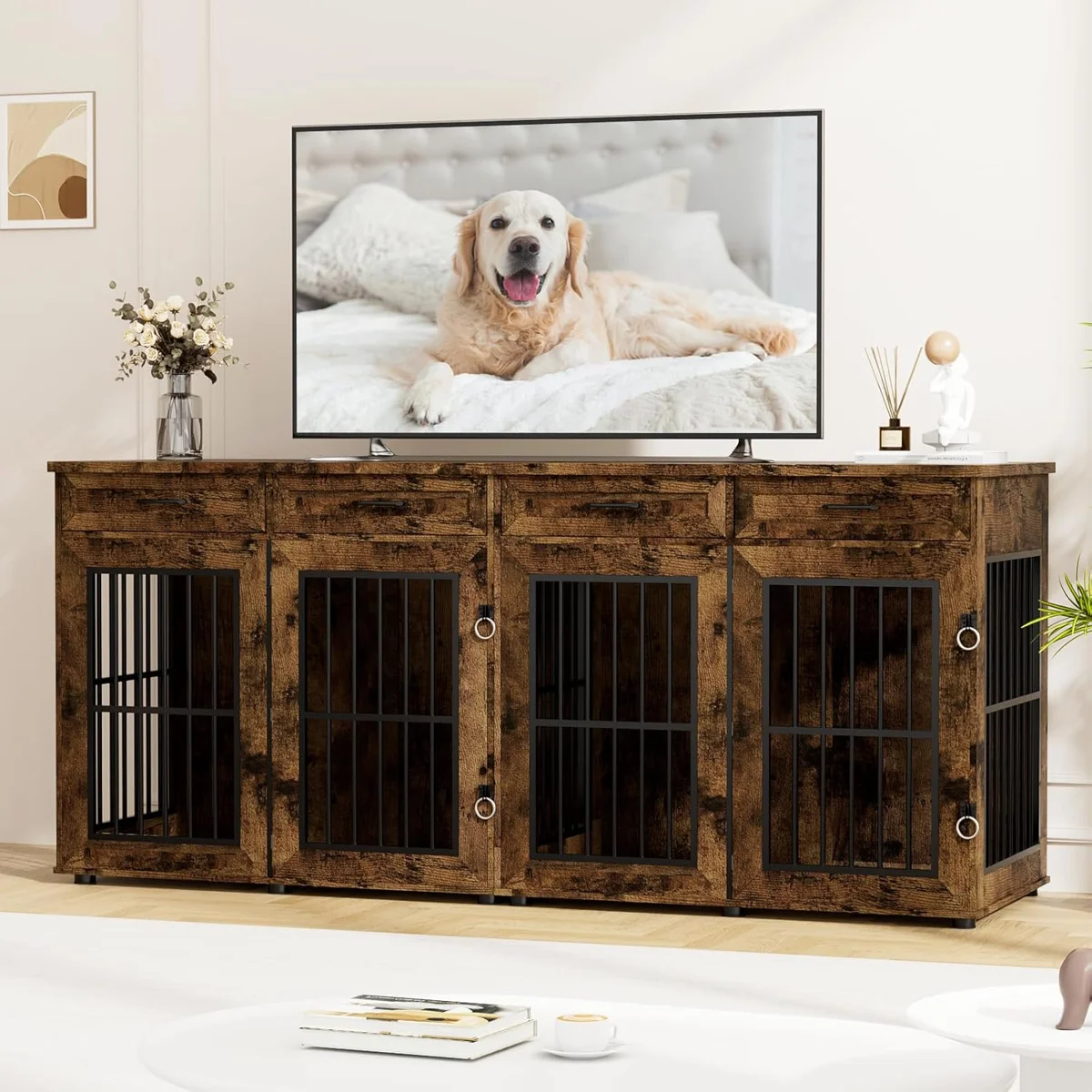 (Box B only)86.7" Double Dog Crates Furniture, Large Farmhouse Dog Kennel With 4 Drawers As Tv Stand, Heavy Duty Dog Cage For 2 Large Dogs