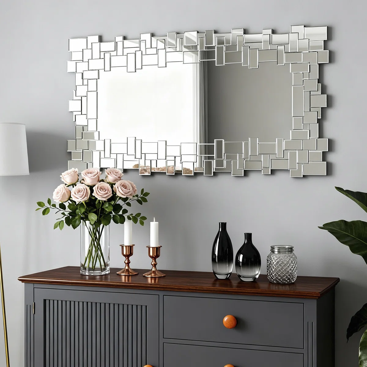 Glass Framed Wall Mirror Accent Mirror in Silver Geometric Design
