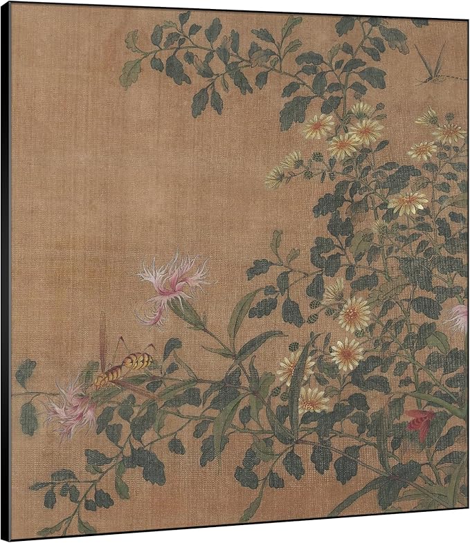 Extra Large Wall Art Fabric Print - Vintage Botanical Floral Drawing with Bird Artwork Decor for Living Room or Bedroom - "Frame Assembly Required (Unfinished Frame)"