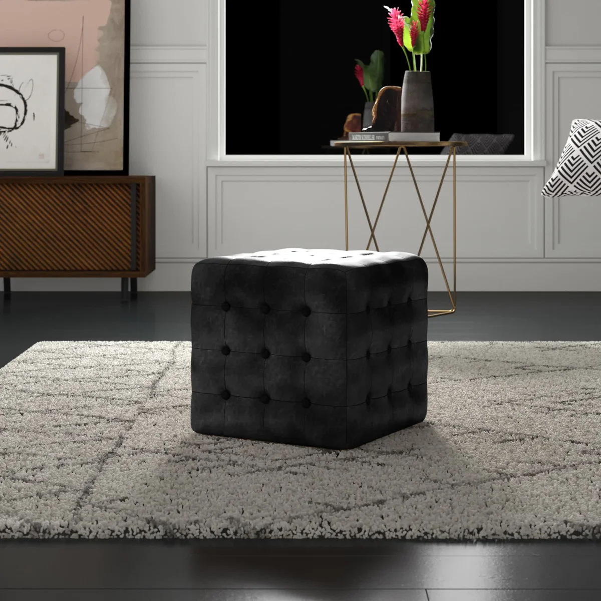 Elgin 18" Wide Genuine Leather Tufted Square Cube Ottoman