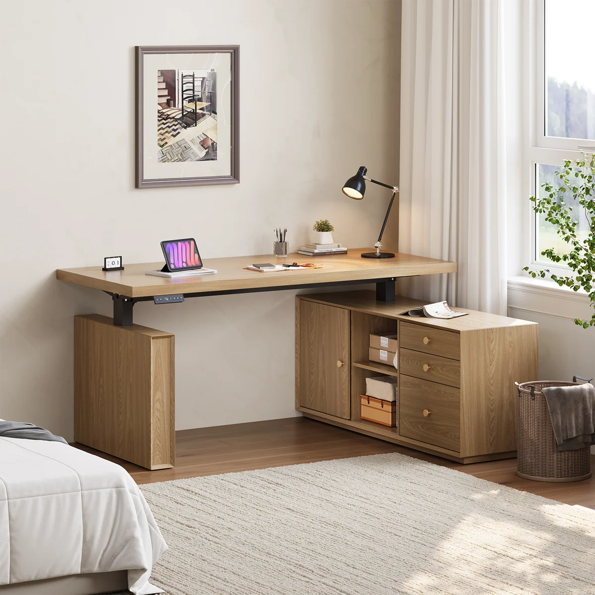 63'' L-Shaped Electric Standing Desk,  Height Adjustable Computer Desk With 3 Drawers & Memory Controller For Home & Office (Incomplete, Box 1/2)