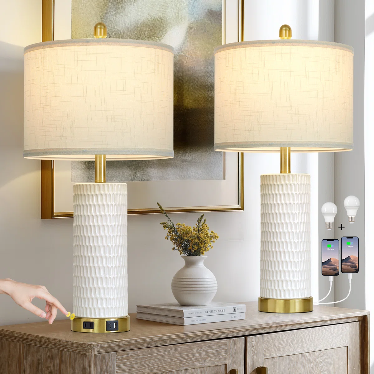 27” Modern Dimmable Ceramic Table Lamps with Dual USB Ports & Bulb (Set of 2)