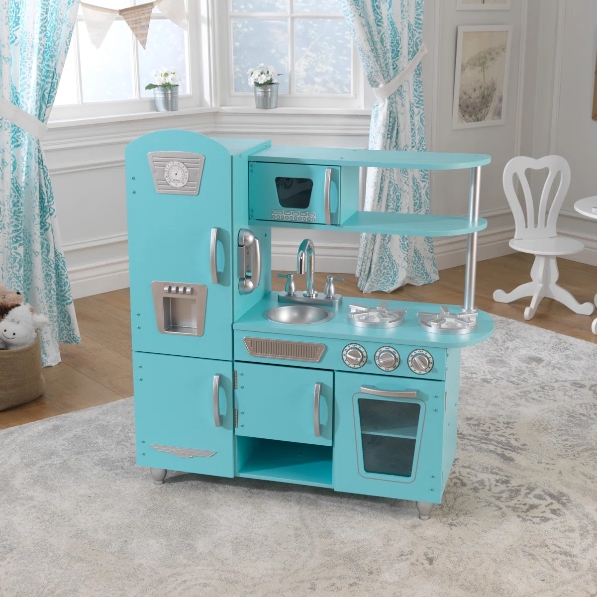 Vintage Wooden Play Kitchen with Ice Maker and Play Phon e
