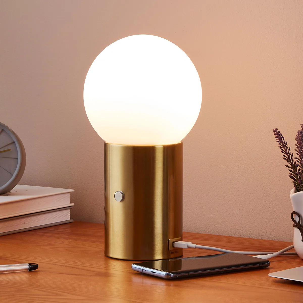 Kai 11 in. Modern LED Bedside Table Lamp with Globe Shade and Built-In Dimmer