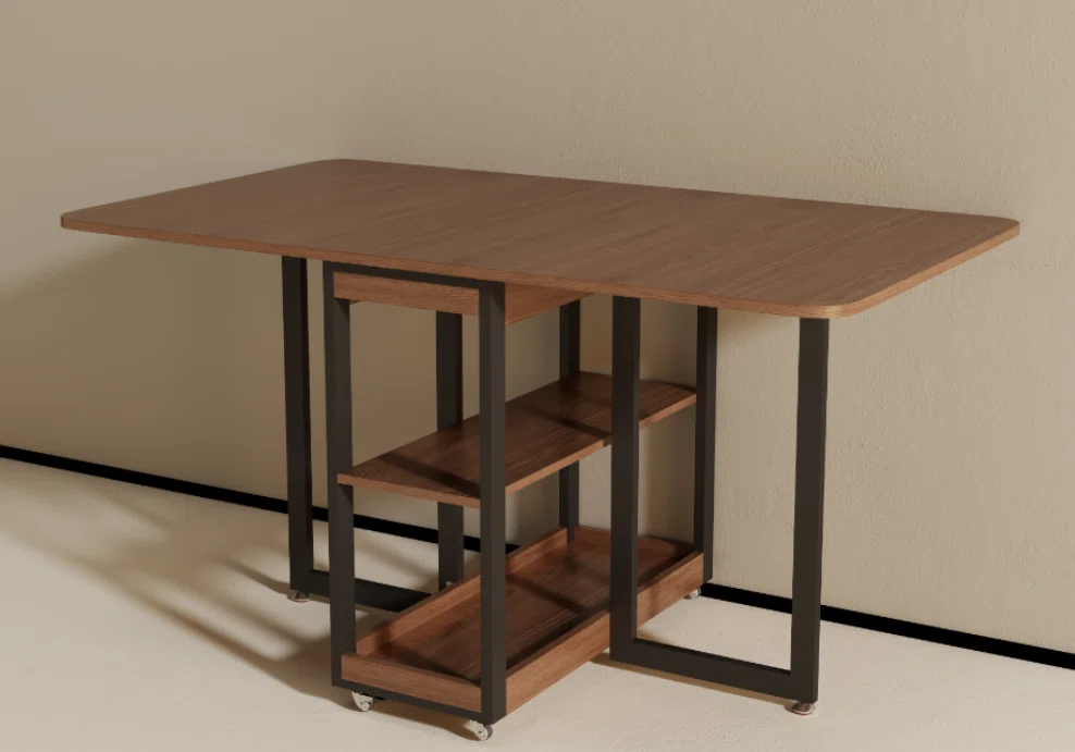Foldable Dining Table with Storage Shelves, Space Saving Drop Leaf Table with Metal Frame for Kitchen and Small Spaces