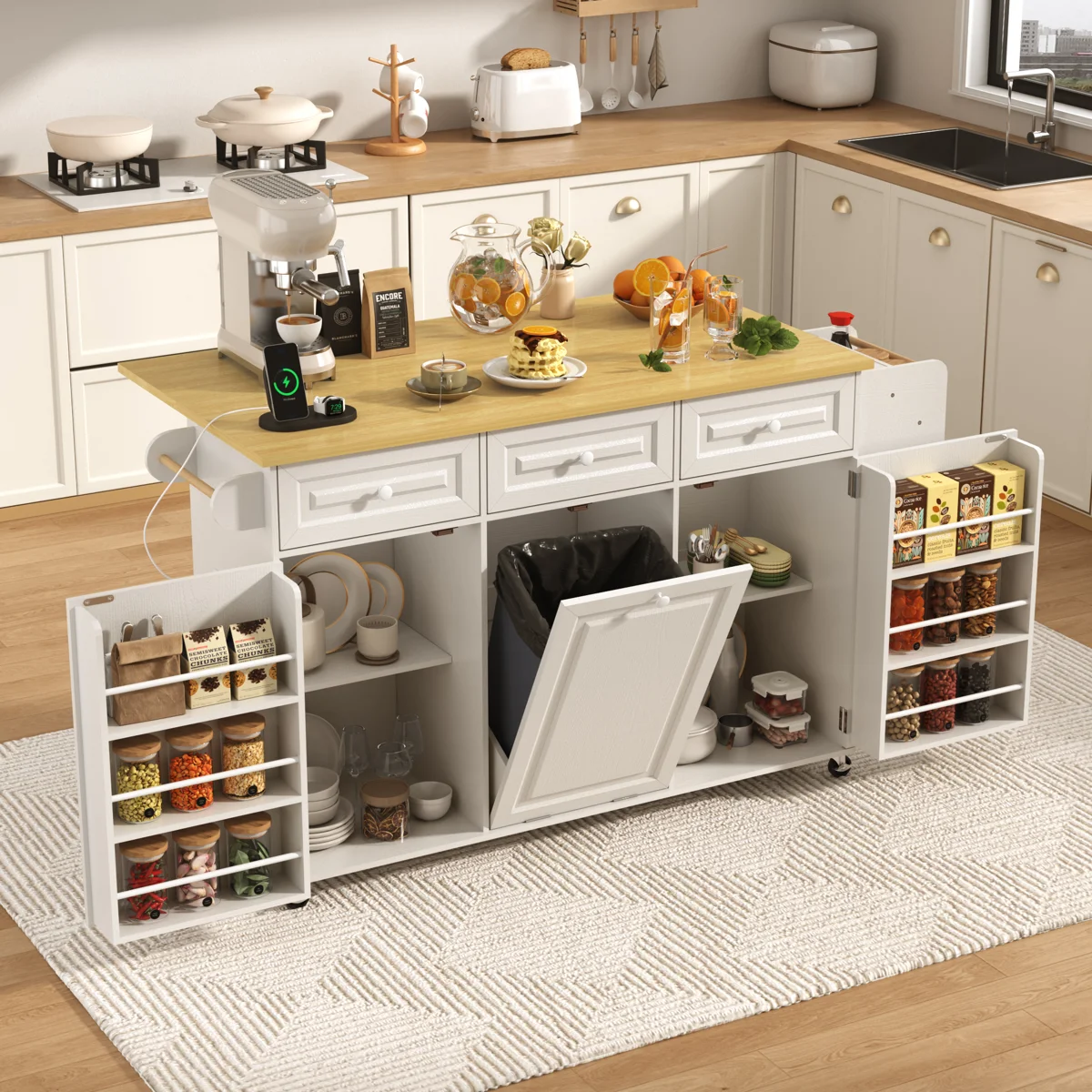 62.8" W Kitchen Island With Storage Cabinets And Drawers, Kitchen Rolling Island Cart With Trash Storage Cabinet, Door Shelves, Power Outlet, Drop Leaf