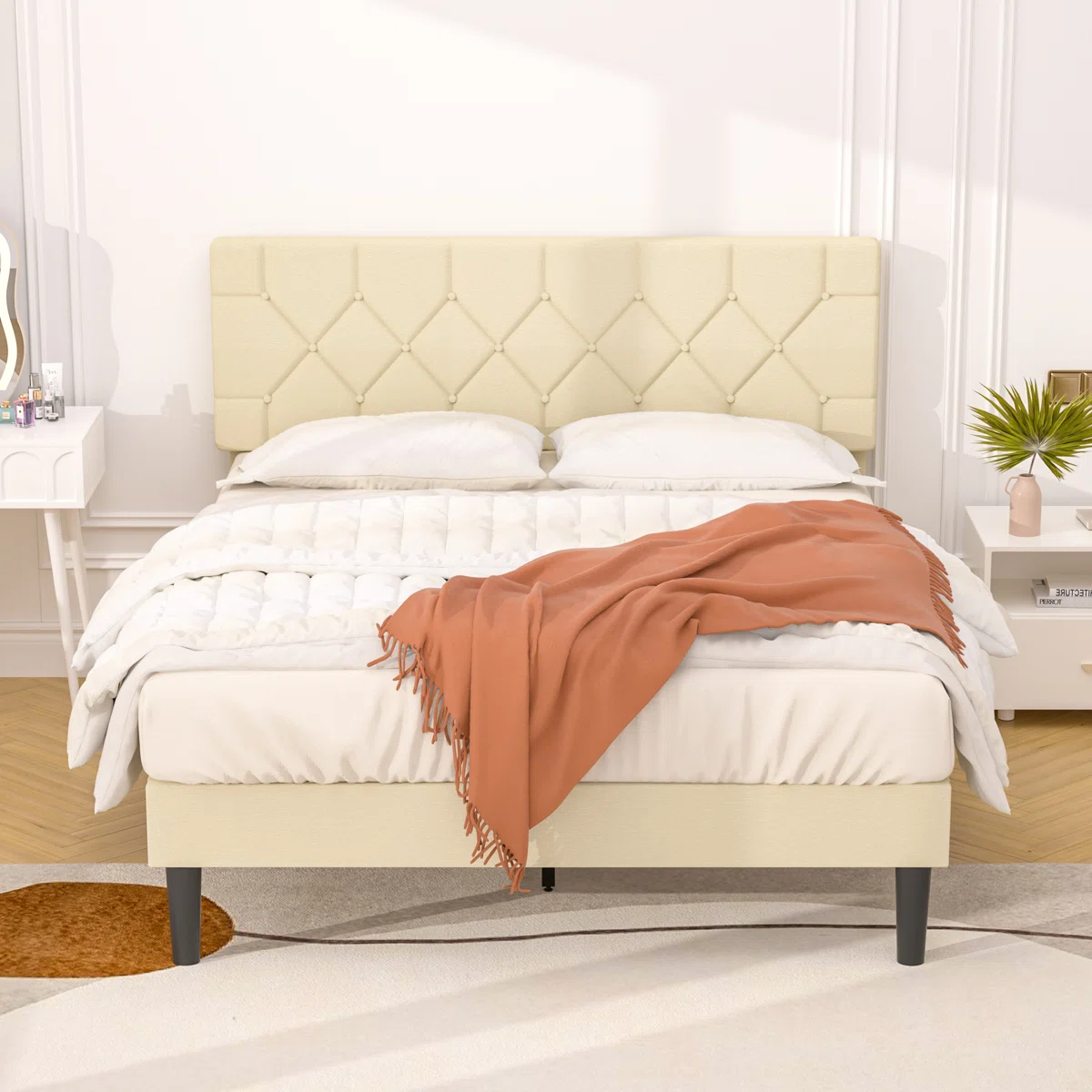 Candelaria Linen Upholstered Bed, Button Tufted Platform Bed With Wood Slats Support & Height-Adjustable Headboard, No Box Spring Needed