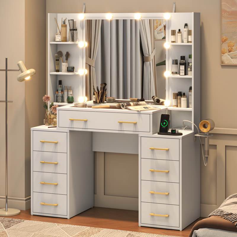 (may be incomplete )Tempered Glass Top Makeup Vanity Desk With LED Lights And Charging Station