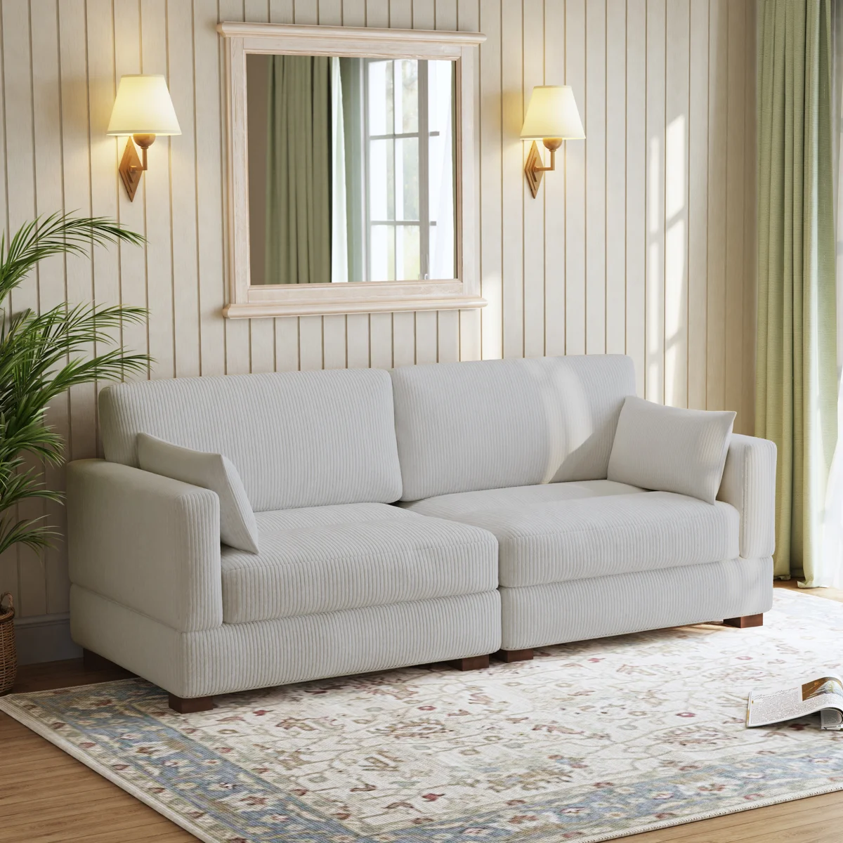 Bentura Upholstered Corduroy Modular Sofa with Pillow Back and Solid Wood Legs