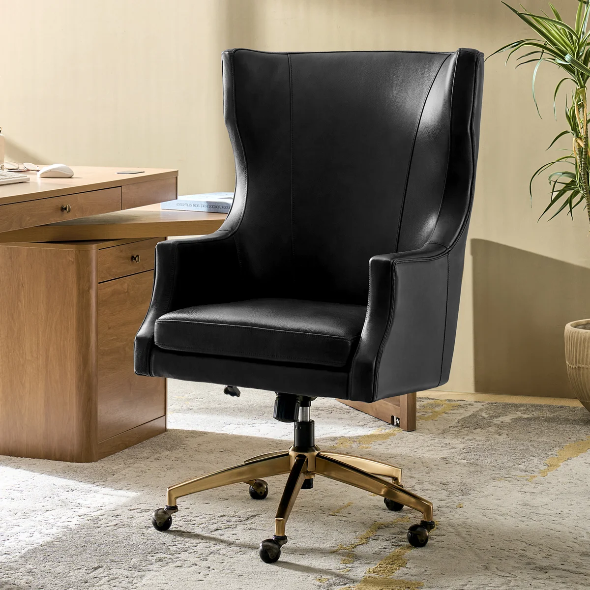 Heeg 47''H Transitional Genuine Leather Swivel Adjustable Height Tilting Executive Chair with High Backrest