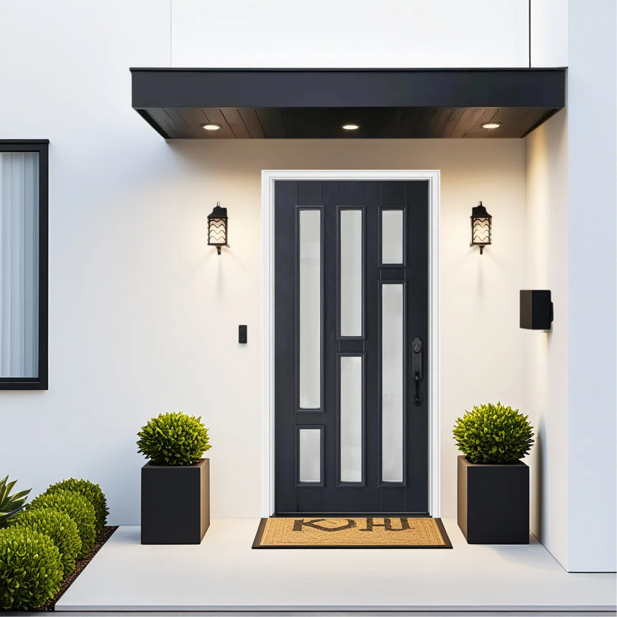 36″ x 80″ Black Fiberglass Front Door – Contemporary 6-Lite Frosted Glass Entry Door, Vinyl Frame with Brickmould, Low-Maintenance