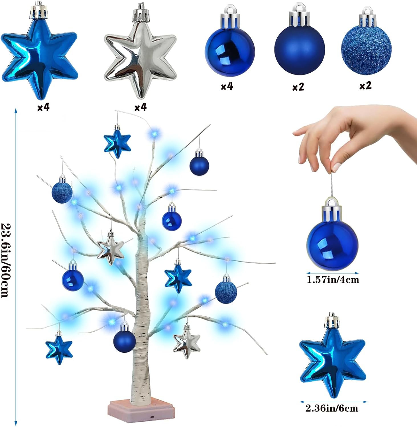 24 Inch Hanukkah LED Menorah Tree Lights, 24 Blue Star Lights, USB/Battery Operated Lighted Tabletop Artificial Birch Tree for Hanukkah Home Table Party Decor Hanging Balls