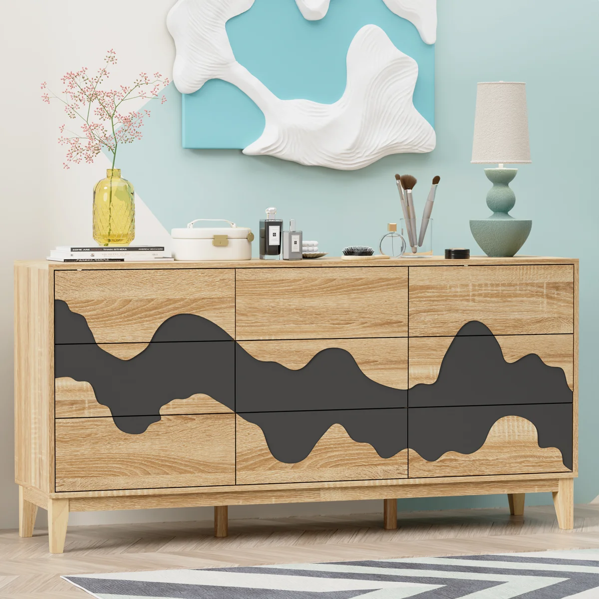 9 Drawer 63" W Flowing Water Pattern Dresser
