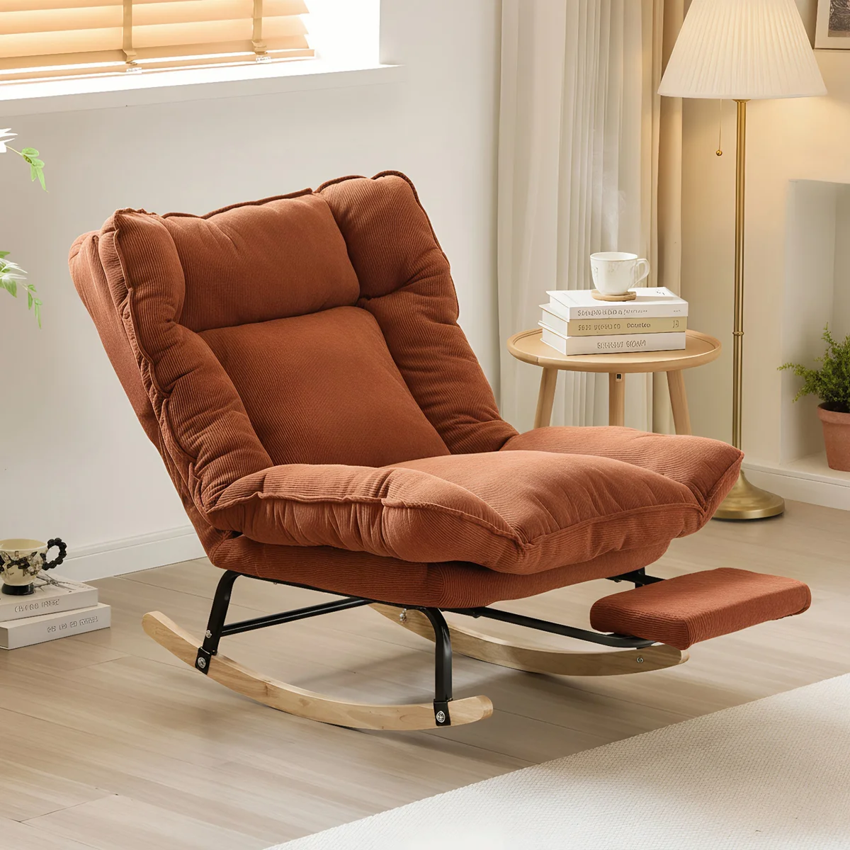 Corduroy Rocking Reading Chair with Adjustable Back & Ottoman – Cozy Upholstered Lounge Seat for Living Room Nursery