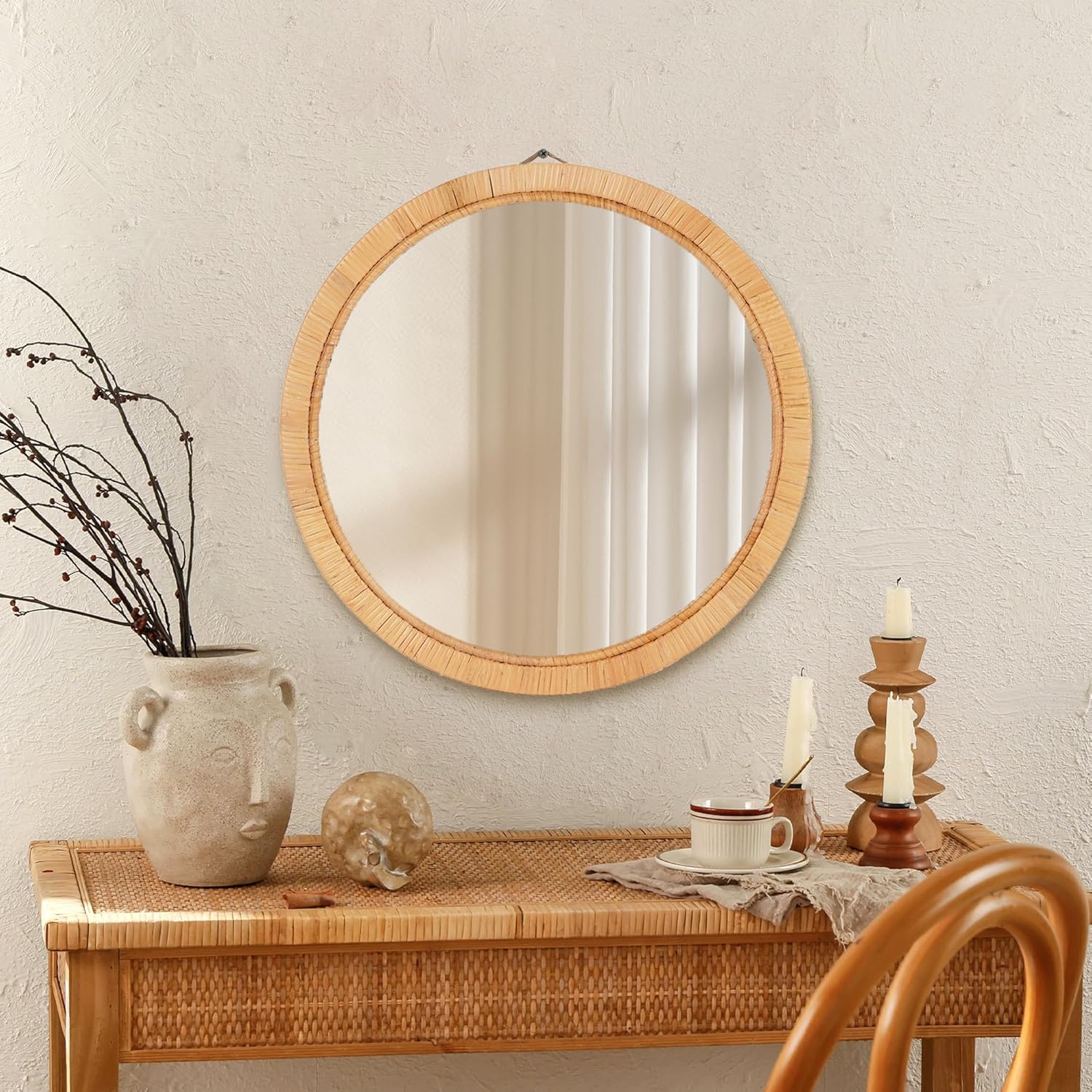 Rattan Wall Mirror - 20 Boho Round Bathroom Mirror Decorative Farmhouse Circle Mirror for Vanity Entryway Living Room Wall Decor