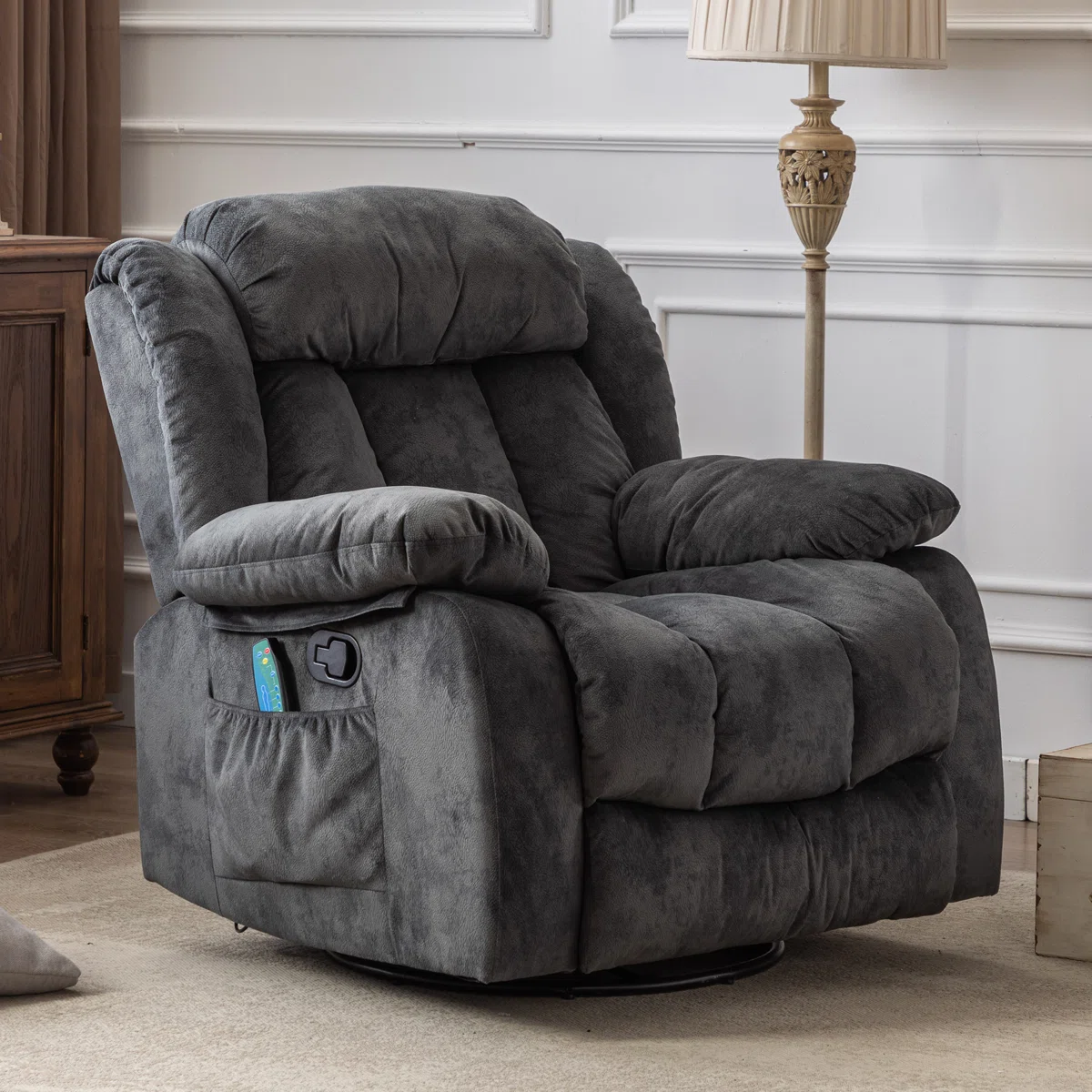 37.4 Wide Contemporary Compact Microfiber Swivel Rocker Manual Recliner Chair with Heat and Massage