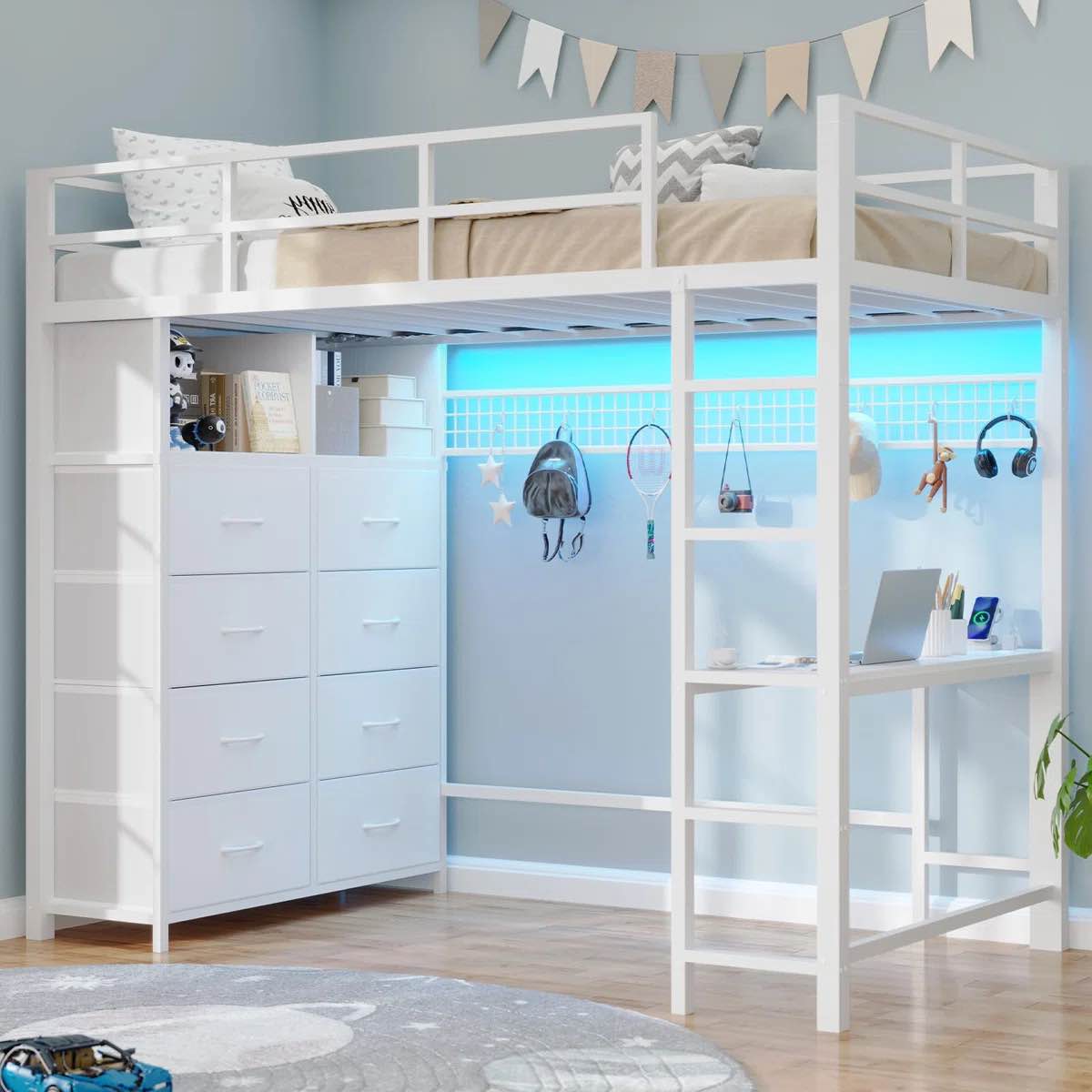 Loft Bed With Desk And 8 Storage Drawers, Metal Loft Bed With Led Lights \u0026 Charging Sation, Storage Shelves, 13.1 H Safety Guard \u0026 Ladder, No Box Spring Needed,