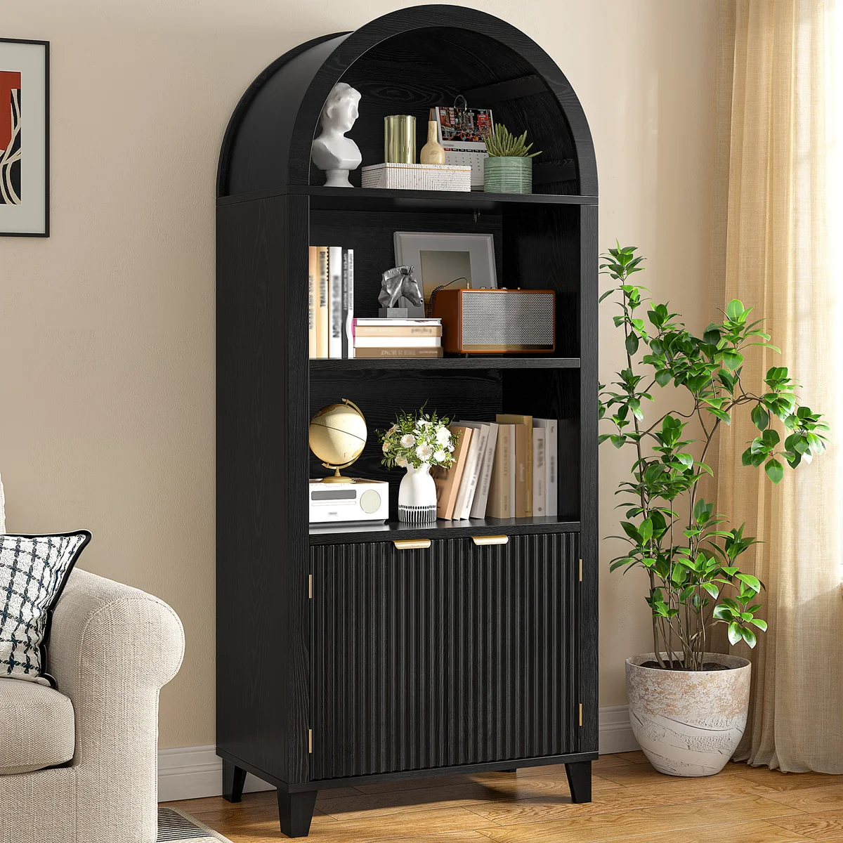 Storage Bookcase/Arched Cabinet With Fluted Doors & Adjustable Shelves – Entryway, Living Room stock photot may not be exact
