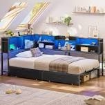 Daybed With 2 Underneath Storage Drawers And Charging Station, L-shape Corner Bed Frame With Storage Bookcase And Led Lights For Living Room, Bedroom \u0026 Guest Room, Black