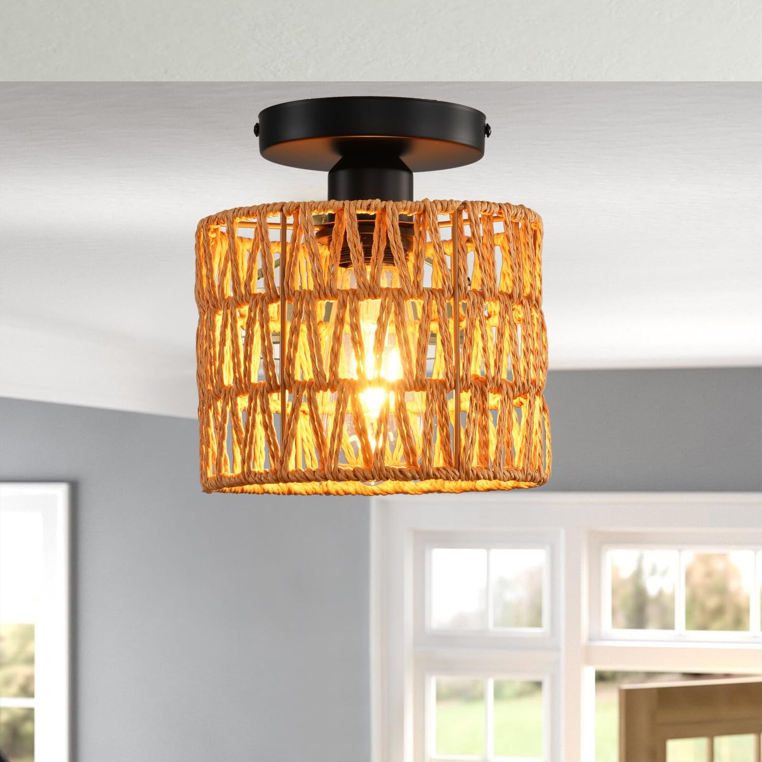 Ceiling Light Fixture,Hand-Woven Rattan Flush Mount Ceiling Light,Farmhouse Light Fixtures Ceiling Mount Boho for Hallway Bedroom Kitchen Entryway Living Room 2 Pack Brown