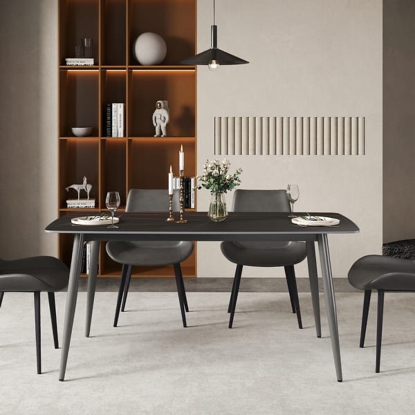 at-k-dtl5g-2 63 Rectangle Modern Kitchen Table with Sintered Stone Dining Table Top and Metal Legs - Black
