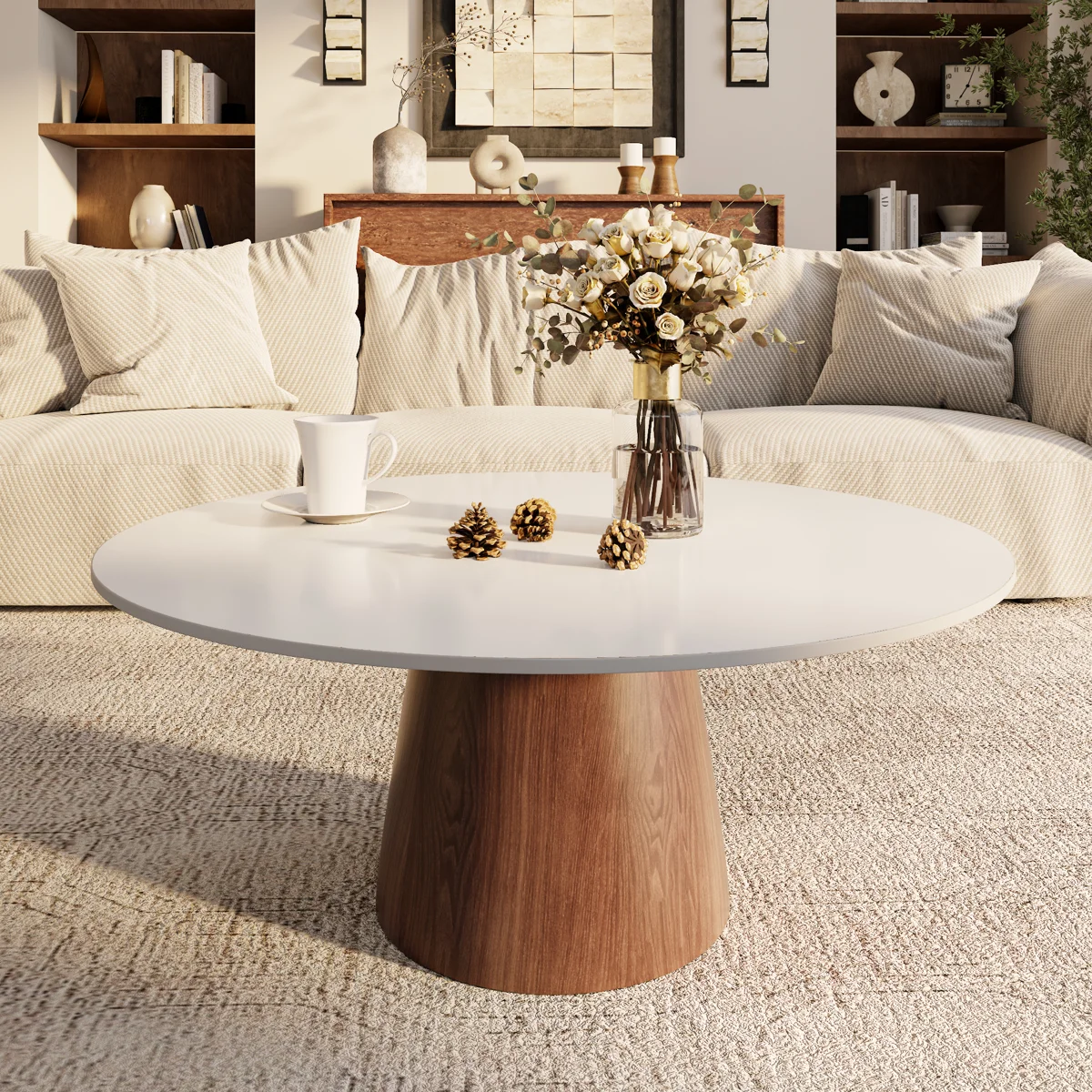 Mid-Century Modern Round Coffee Table Stone Marble Effect Wooden Pedestal Table For Living Room & Home Decor