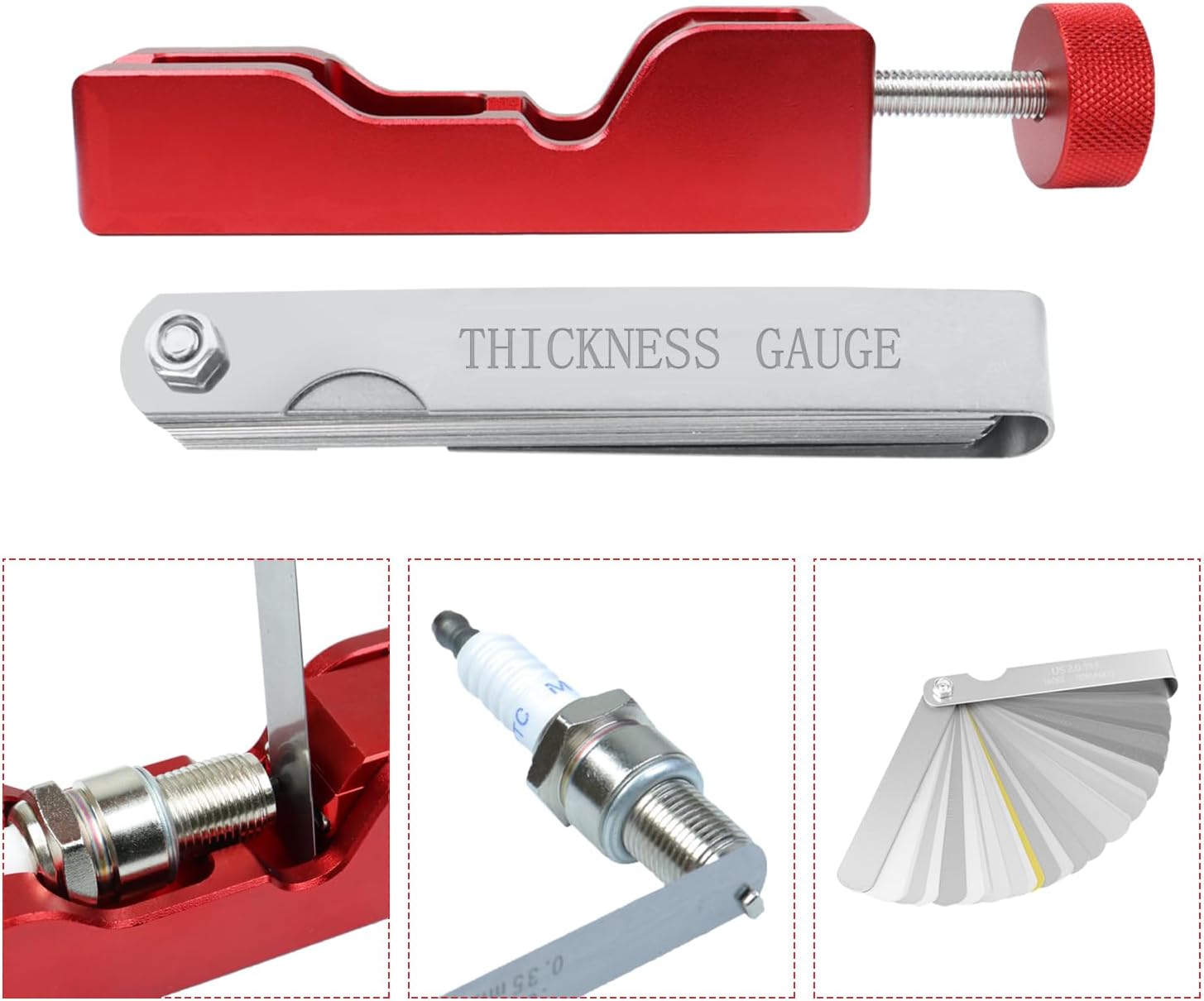 Universal Spark Plug Gap Tool with 32 Blade Steel Feeler Gauge, Spark Plug Gapping Tool for Most 10mm 12mm 14mm 16mm Spark Plugs, Spark Plug Gapper Adjustment Tool, Red (Red)