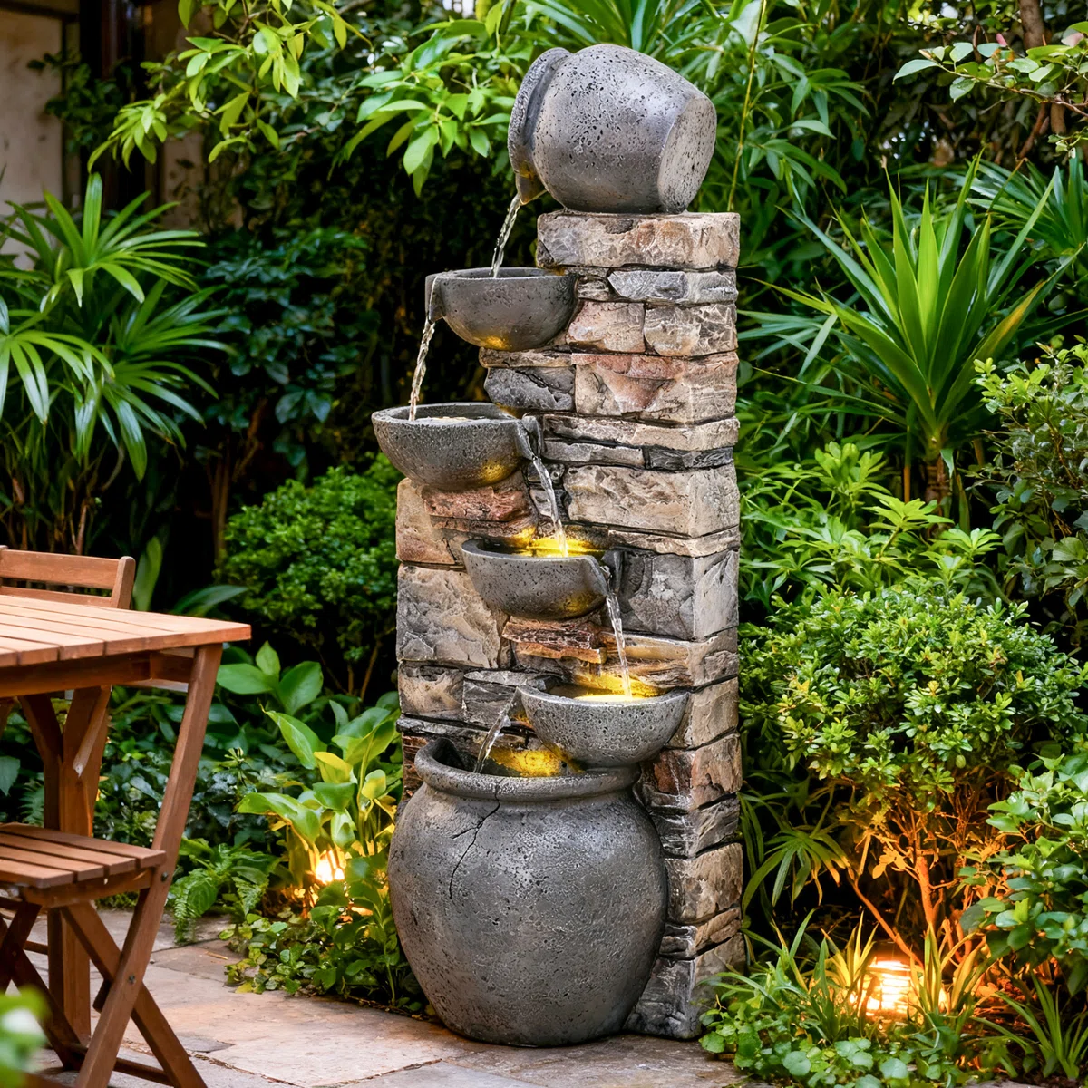 45" Cascading Water Fountain - 5-tier Outdoor Stacked Stones & Clay Pot Fountain With Led Light & Pump,for Garden,patio,porch,backyard,home Art Decor