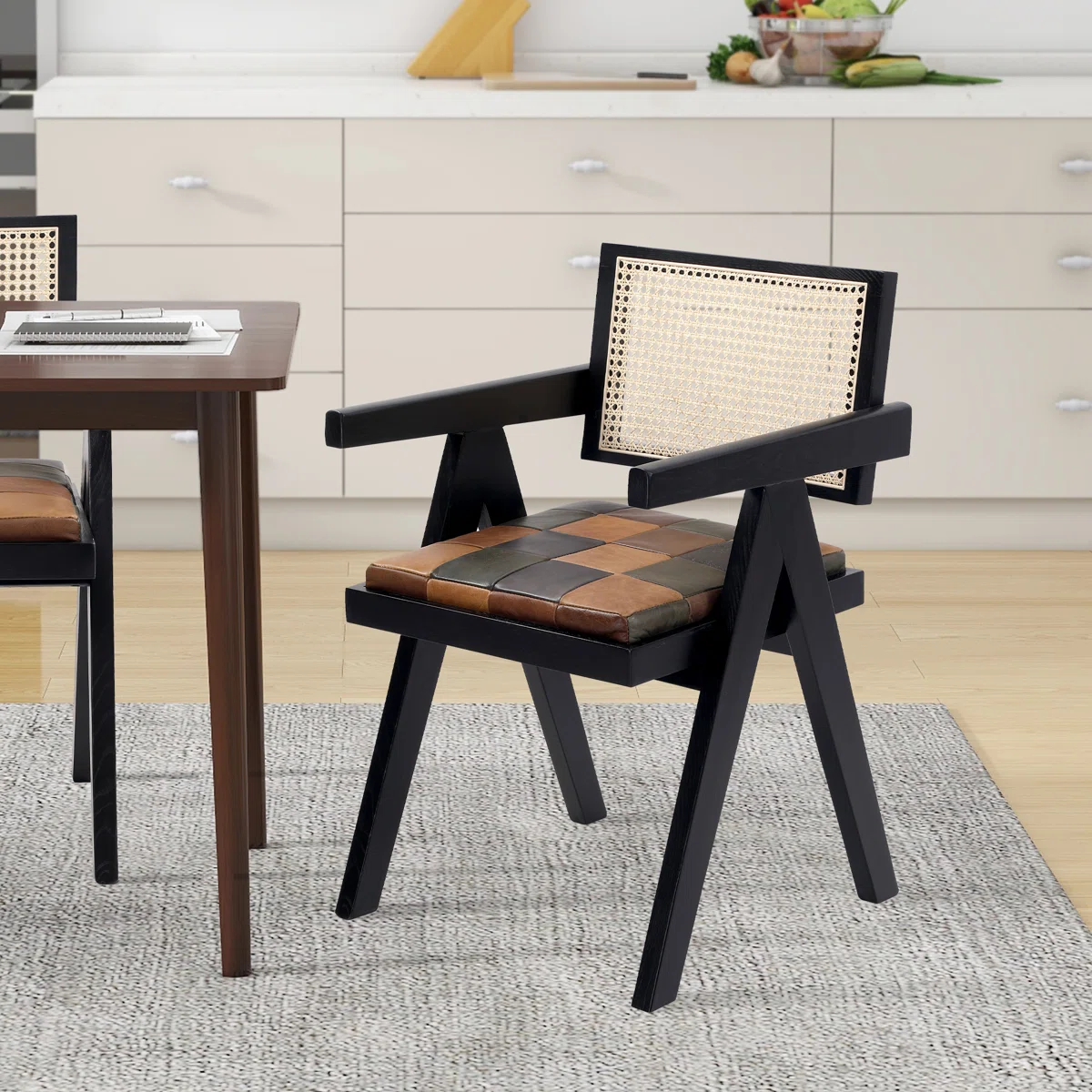 Andrene Solid Wood Rattan Genuine Leather Arm Chair Dining Chair
