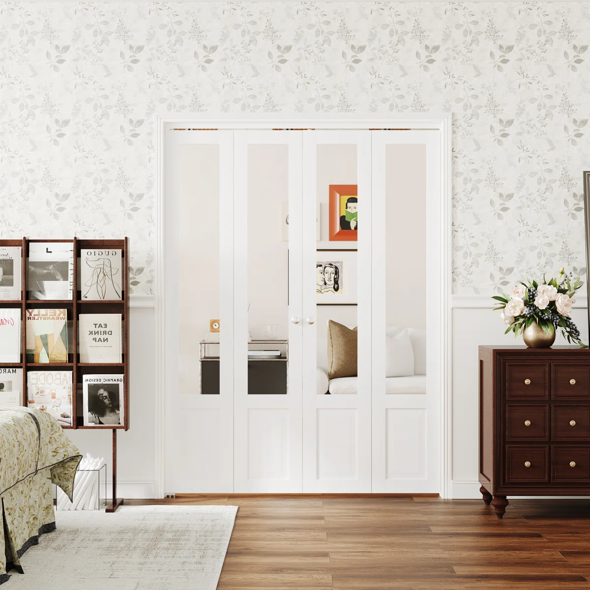 Half Mirrored Surfaced Bi Fold Door Manufacture Wood With Hardware Kit