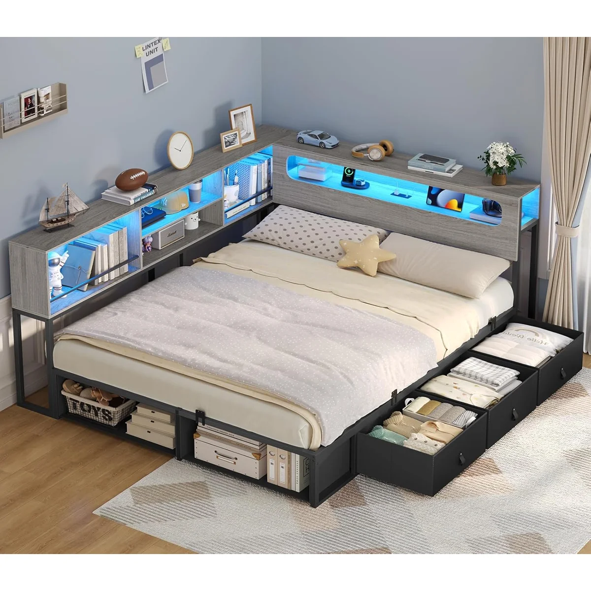 Hardware only Corner Bed Frame With Bookcase Storage & Rgb Lights, Charging Station, Metal Daybed With 3 Drawers & 2 Open Cubbies, For Small Space