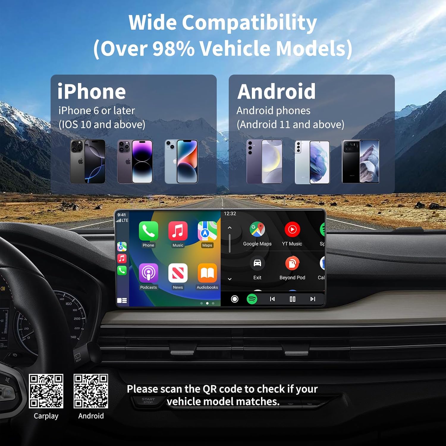 Acmount 2 in 1 Wireless Carplay Adapter & Android Auto 2026 Upgrade Wired CarPlay to Wireless, Fast Auto-Connect, Mini USB Design, Plug & Play CarPlay Wireless Dongle for iPhone 6+ / Android 11+ Lead-Gray