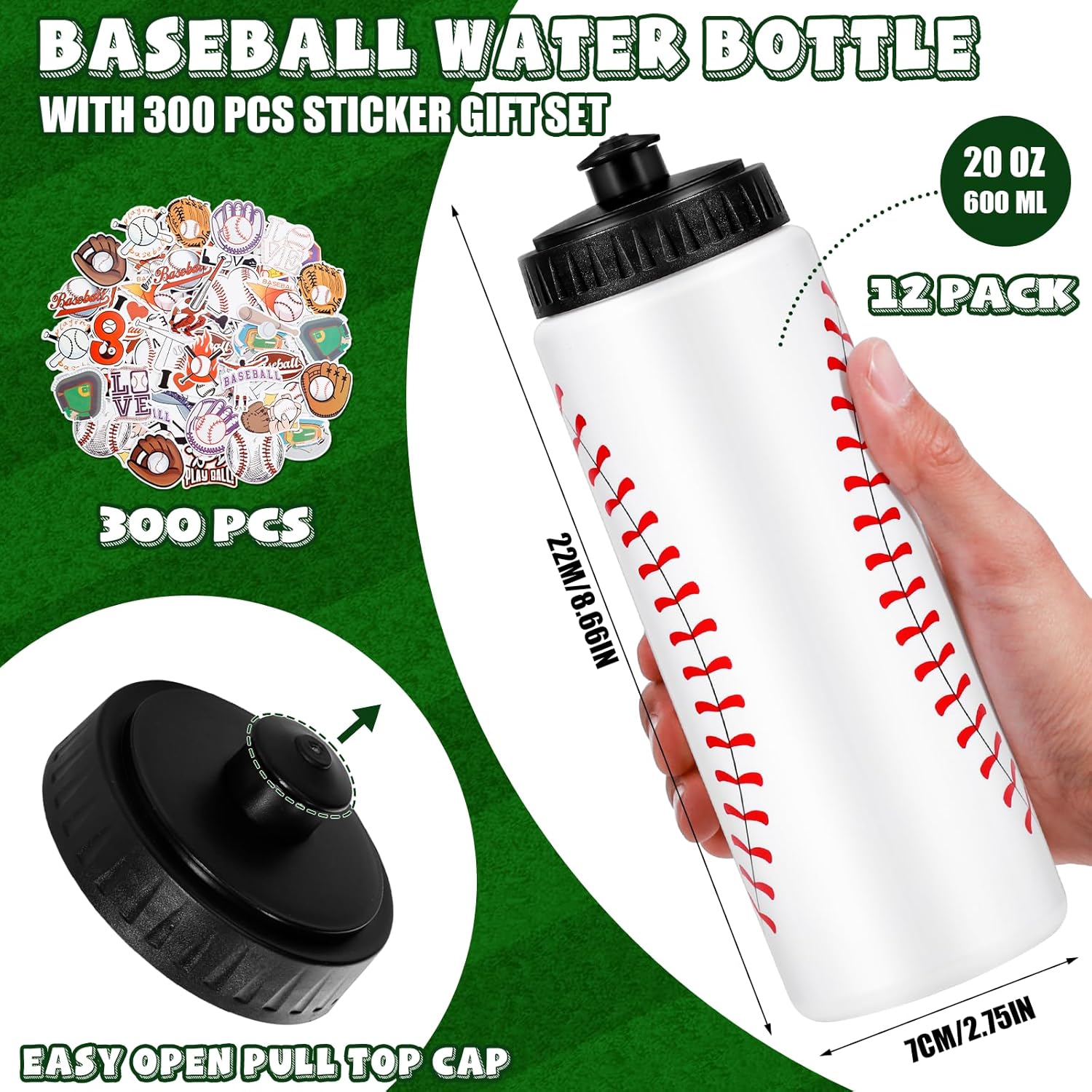 DI QIU REN 12 PCS Baseball Water Bottle Bulk with 300 PCS Stickers, 20 OZ Plastic Reusable Baseball Water Bottles for Boys, Squeeze Water Bottles Sports for Team, Sports Bottles Squeeze for Gym Baseball Water Bottle-12pcs
