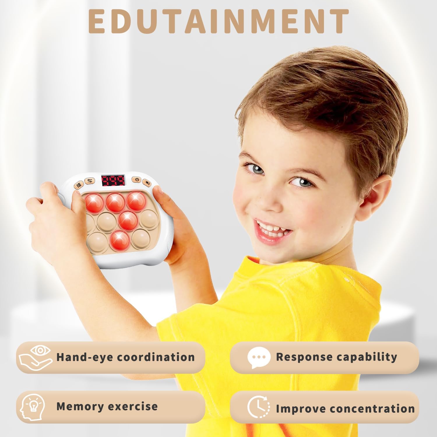 Intoypad Pop Game Light Up Fidget Toy for Kids, 6 Modes LED Screen Quick Push Game Controller Electric Fidget Popper Car Games Quick Push Bubble Games Birthday Toys for Kids White