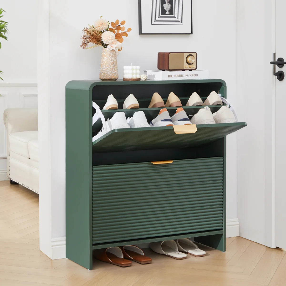 16 Pair Shoe Storage Cabinet With 2 Flip Drawers