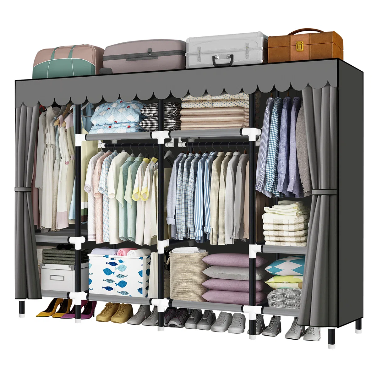 Portable Closet 79 Inches Portable Wardrobe Closet For Hanging Clothes With 4 Handing Rods 25Mm Iron Tube And Grey Cover, Clothes Storage Organizer Extra Sturdy, Strong And Durable