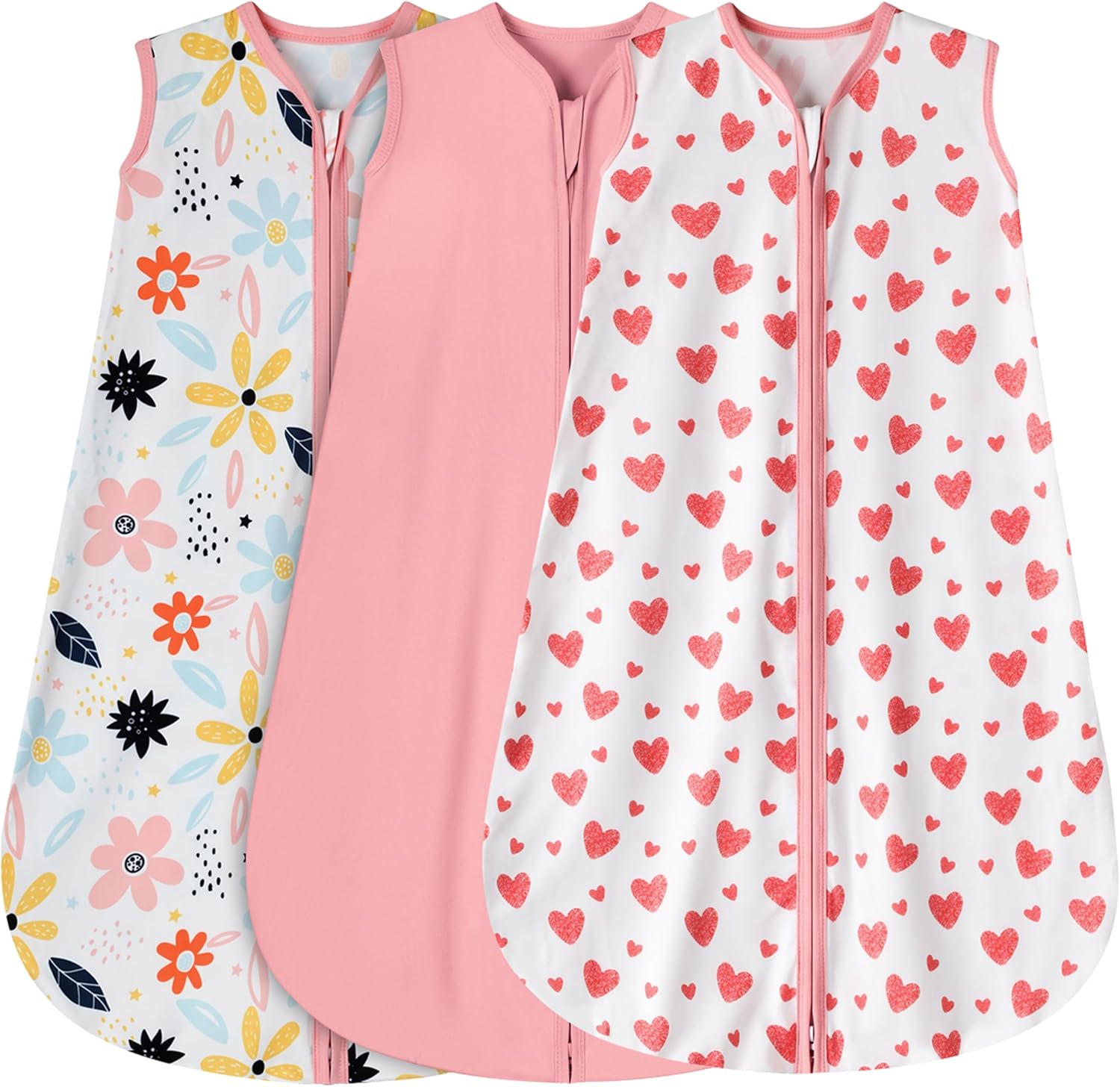 3 Pack Baby Sleep Sack 6-12 Months 100% Rayon Cotton Baby Sleeping Bag 2-Way Zipper Toddler Wearable Blankets TOG 0.3 （Heart&Pink&Floral） Heart&pink&floral Medium