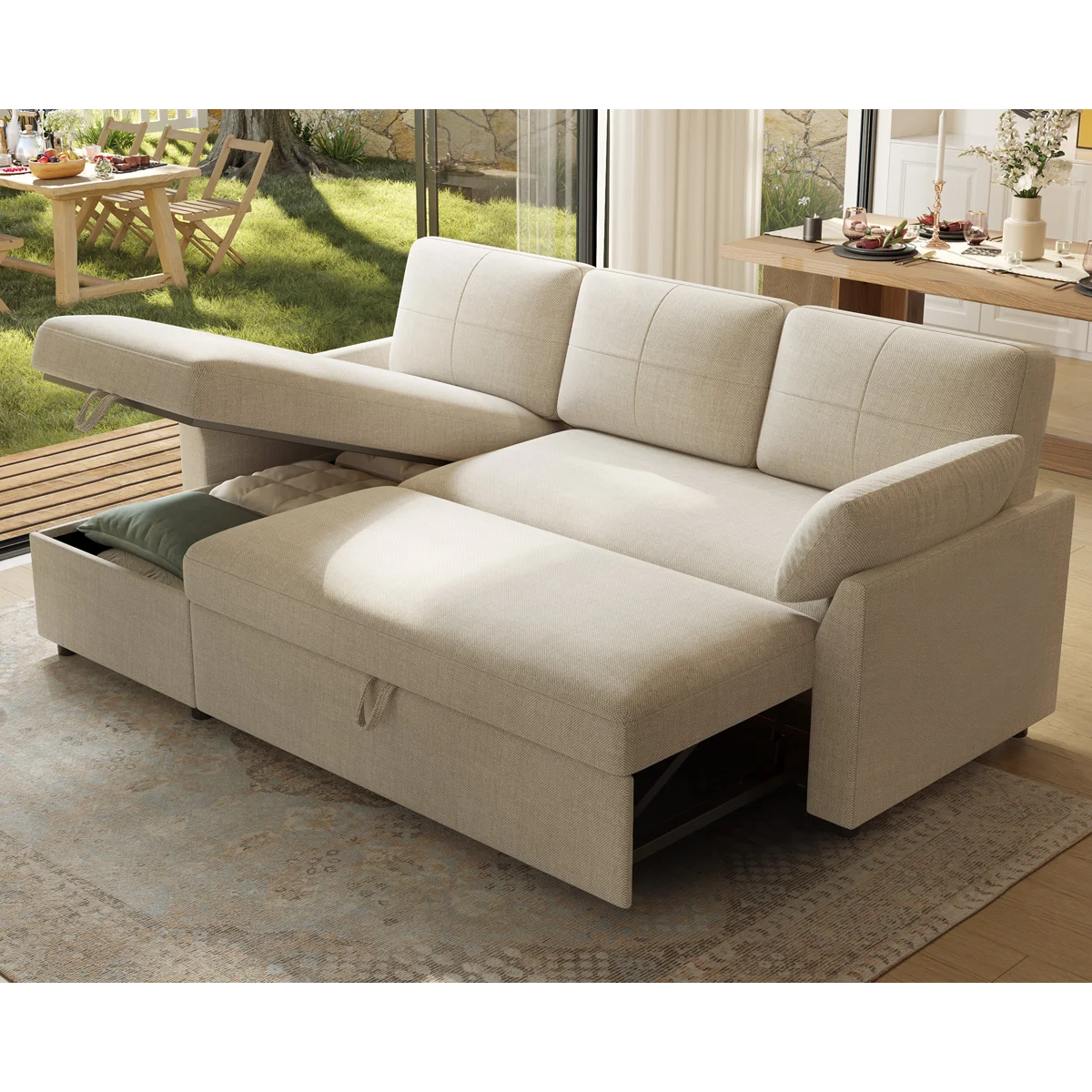 2/2 Convertible Sleeper Sectional Sofa with Pull-out Bed and Hidden Storage Chaise for Living Room