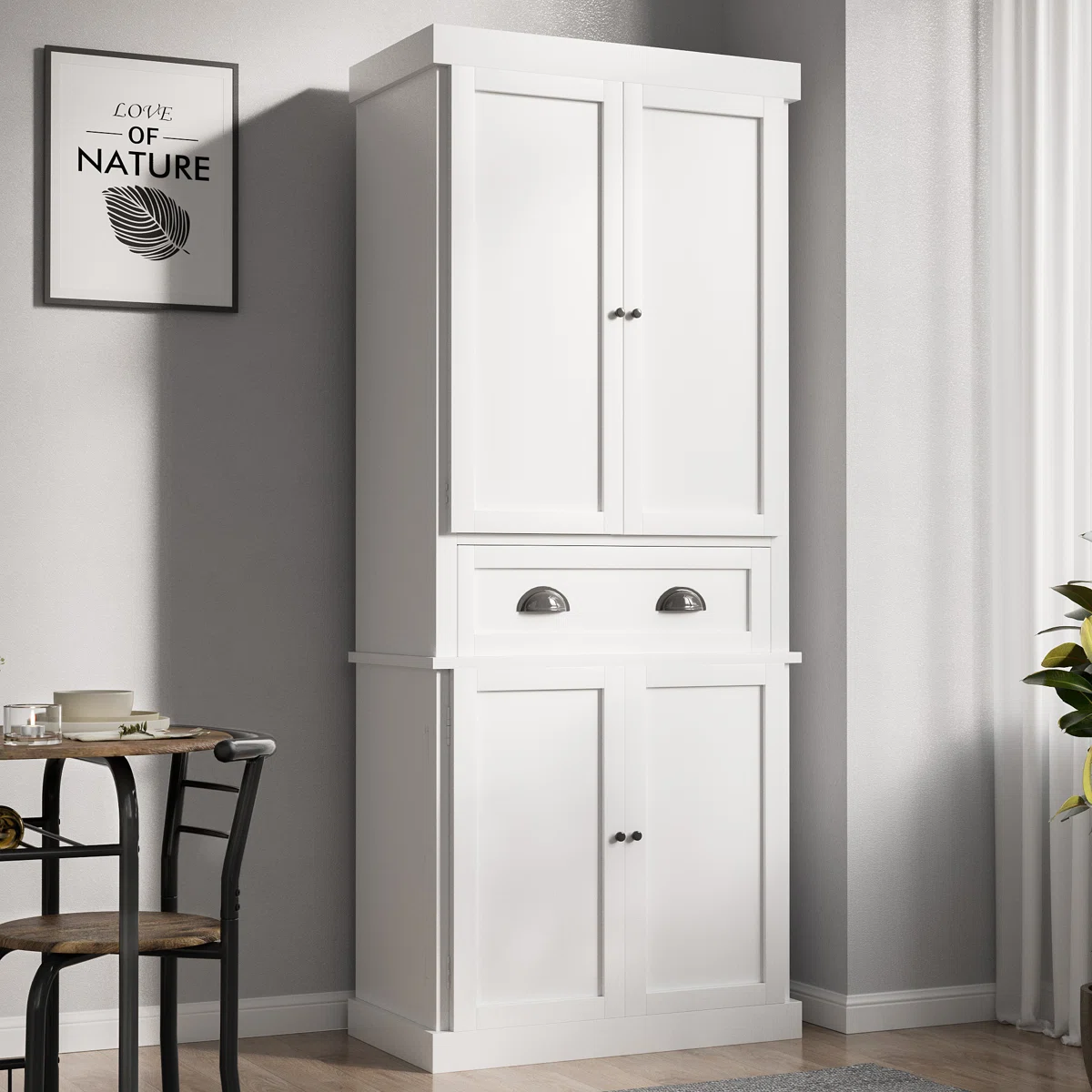 (NOT COMPLETE ONLY BOX 2 )Tall Kitchen Pantry with 4 Doors and Large Drawer for Dining Room Living Room