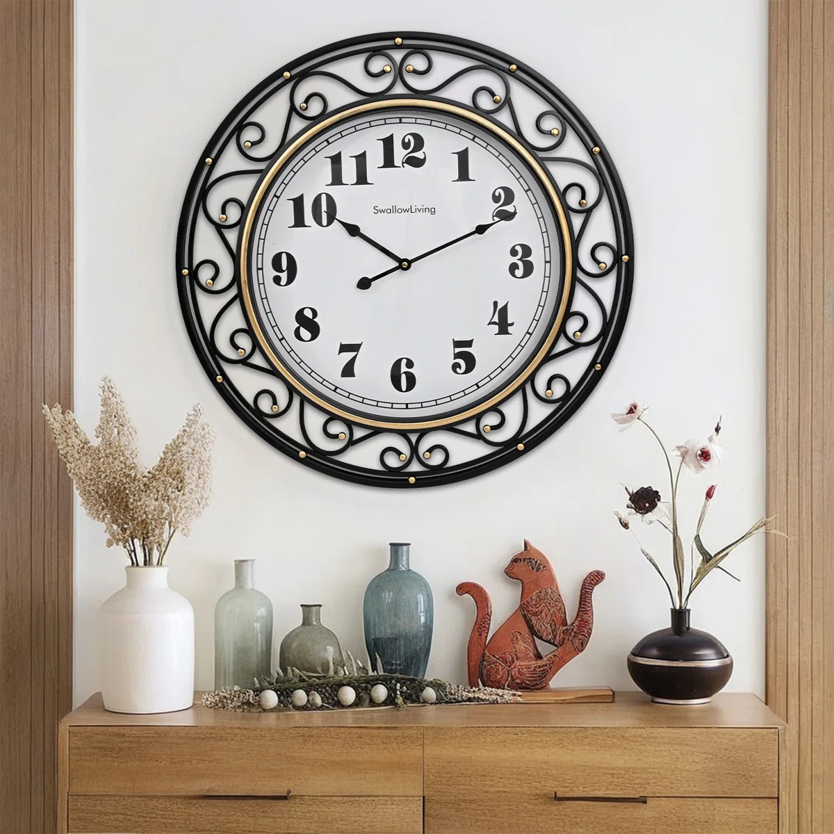 24 Inch Vintage Iron Metal Frame Wall Clock Silent, Battery Operated, Elegant Retro Decor For Living Room, Kitchen, Office, Dining Room, And Bedroom