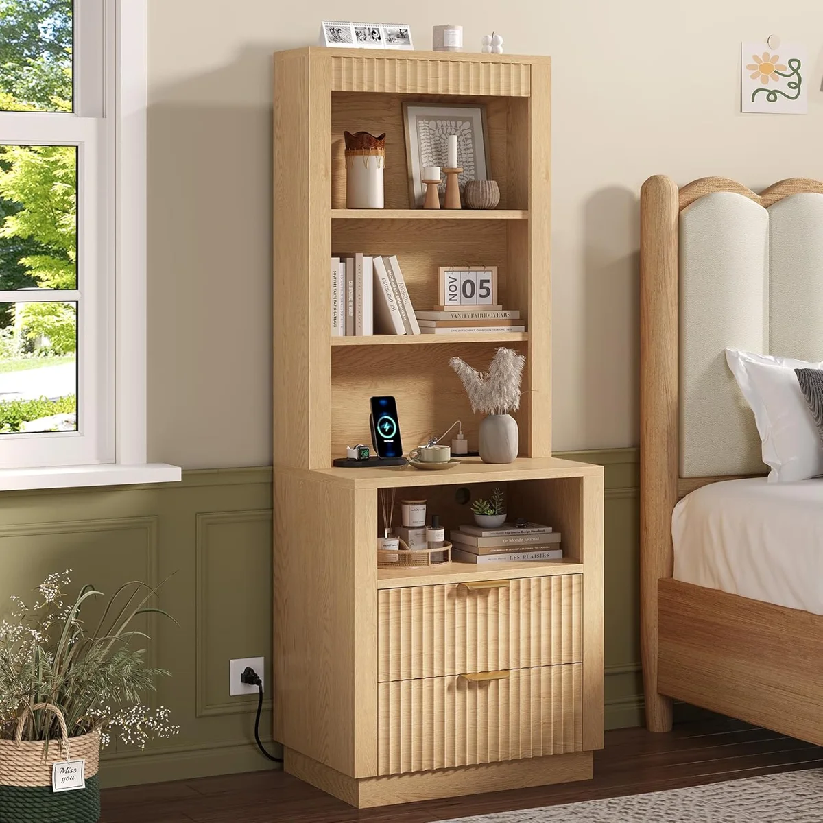 Box 2 of 2 Tall Fluted Nightstand, Bedside Table With 2 Drawers And Open Shelf