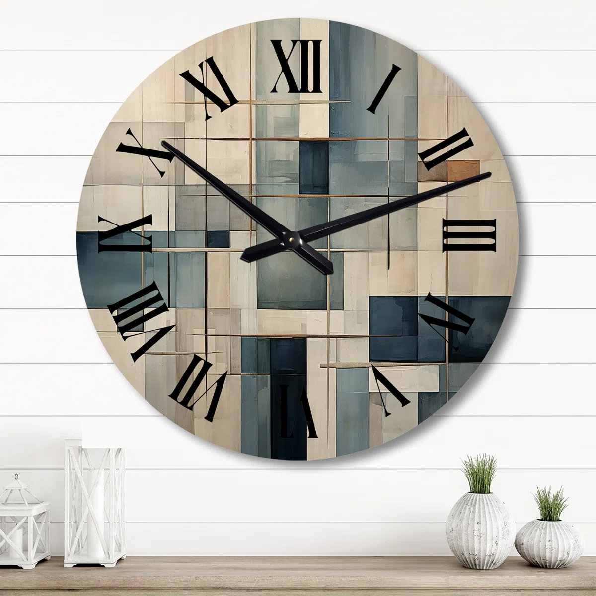 Blue Gray Line Art Abstract Geometrics I - Modern Oversized Wood Wall Clock