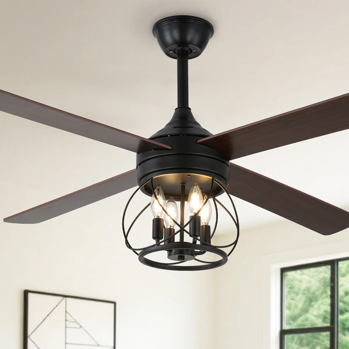 52" Farmhouse Ceiling Fan with 4-Light and Remote Metal Caged Shade Quiet DC Motor Wood Blades for Living Room