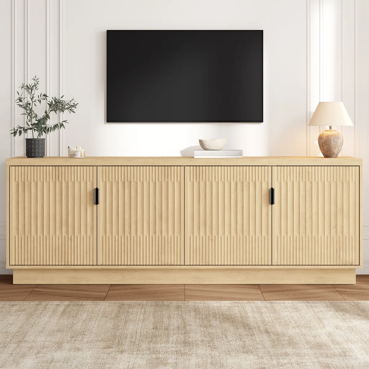 Almonte Alzeera Farmhouse TV Stand for TVs Up to 75 Inches, Mid-Century Modern Entertainment Center with 4 Fluted Doors, Adjustable Shelves and Storage, Rustic Wood TV Console for Living Room or Bedroom