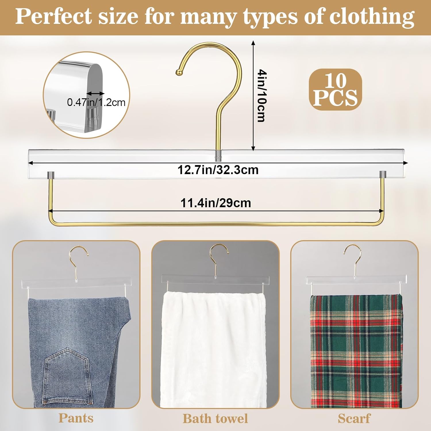 (MISSING PIECES) Chunful 10 Pcs Clear Pants Hanger Acrylic Clothes Hangers with Gold Hooks and Bar Heavy Duty Clothes Skirt Jeans Hook Storage and Organizer for Home Cabinet Shop Dress, 12.7 x 6 Inch