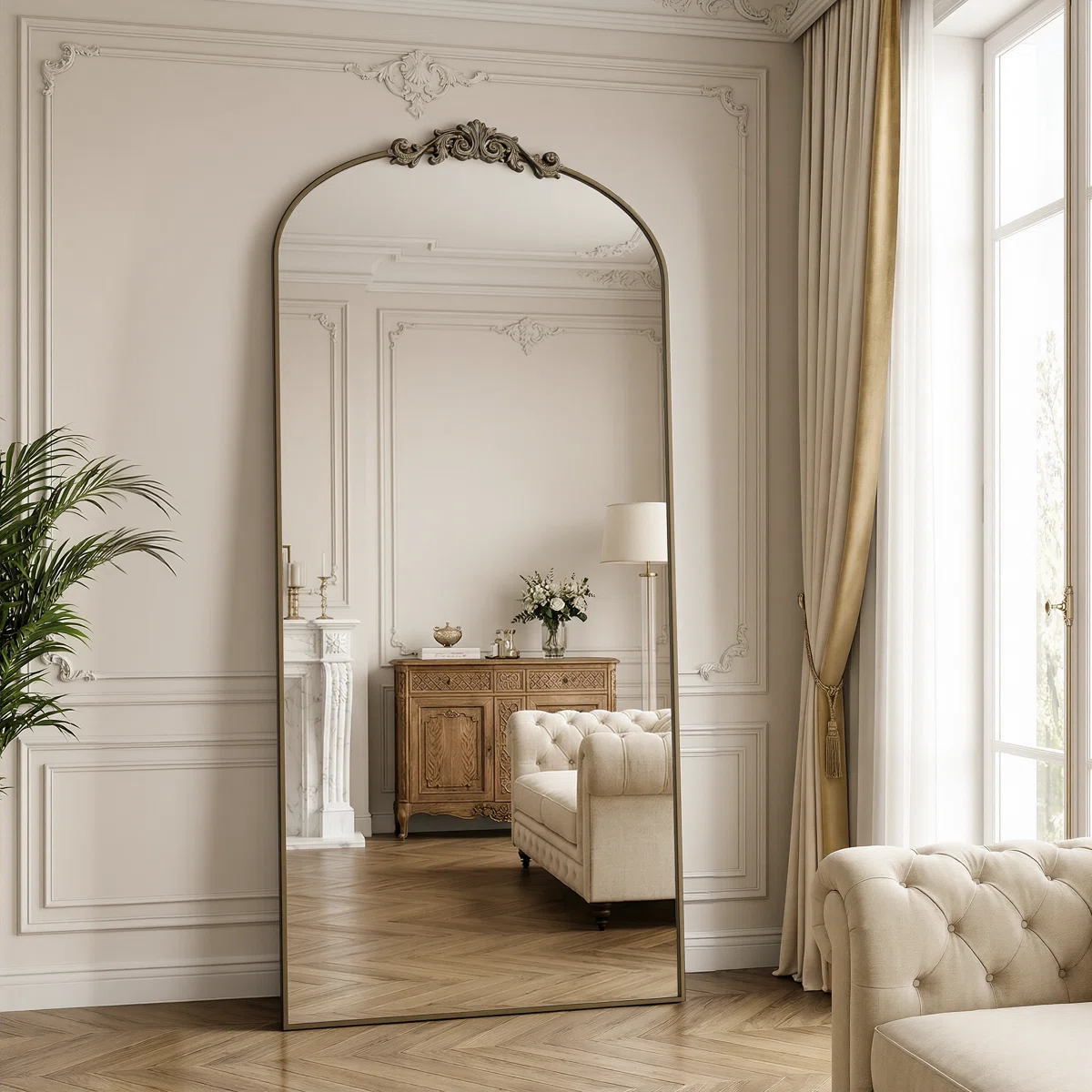 Vintage Arched Full Length Mirror with Carved, Oversized Floor Mirrors for HomeDecor