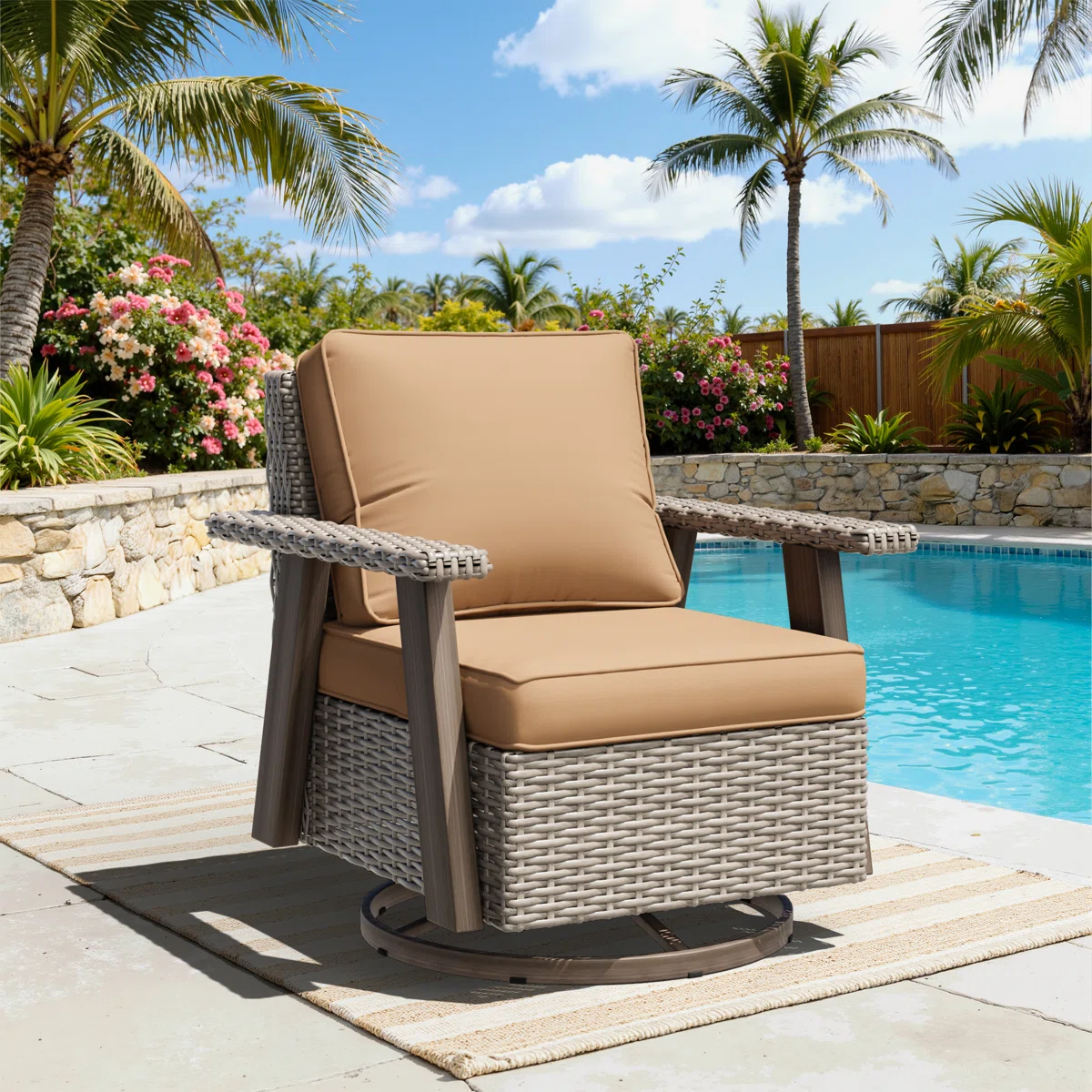 Polyethylene (PE) Wicker Wicker Outdoor Swivel Chairs Set with Beige Cushion