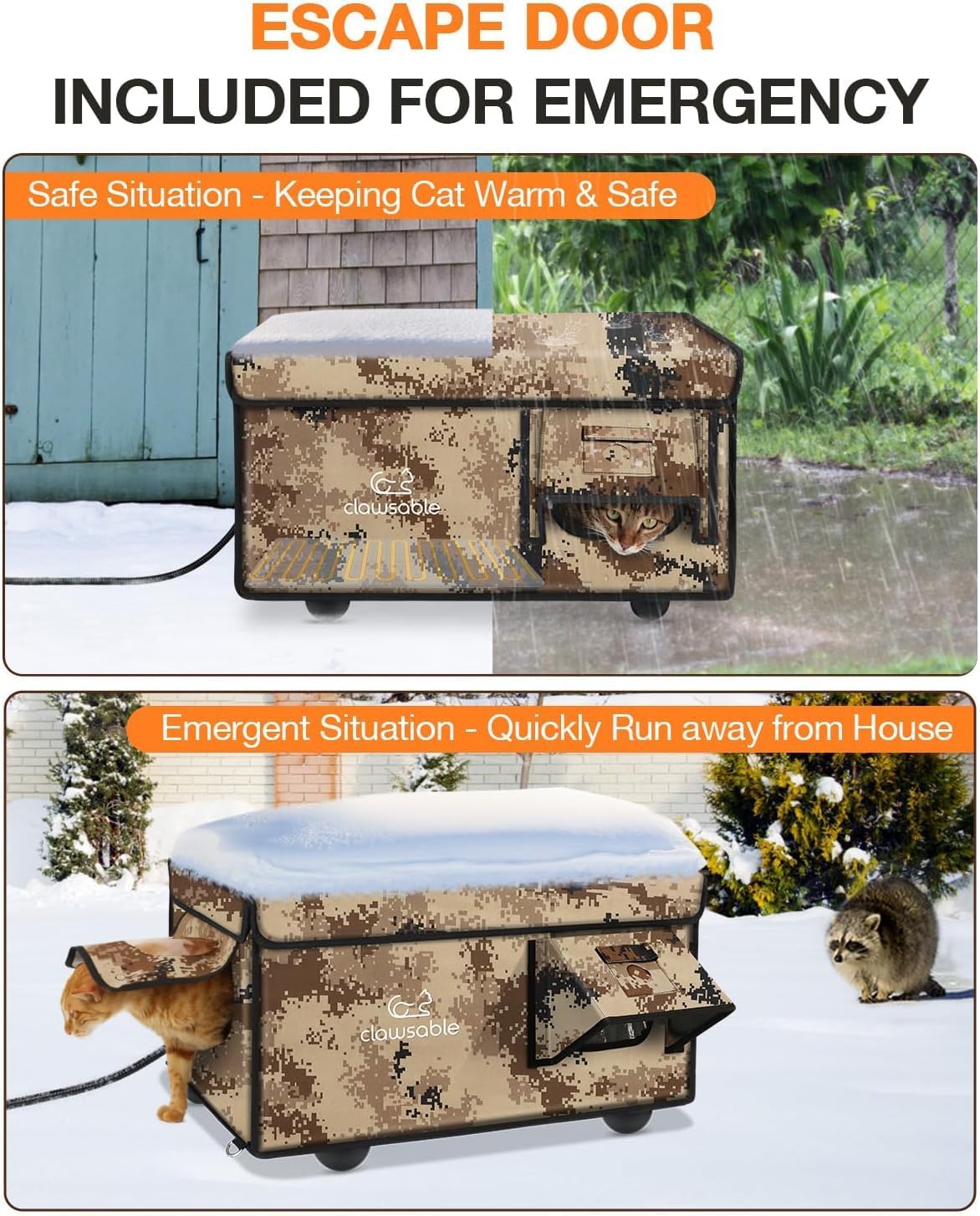 Indestructible Heated Cat House for Outside Cats Winter, 100% Weatherproof, Safe Escape Door, Insulated Outdoor Cat Shelter with Heater for Feral Barn Cat Kitty (Desert Camouflage, 26x17x14) Desert Camouflage 26x17x14
