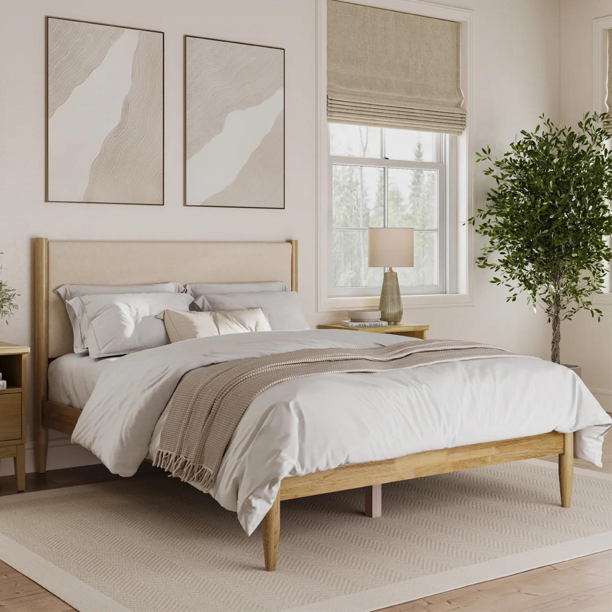 Besan Solid Wood Boucle Upholstered Headboard Bed Frame