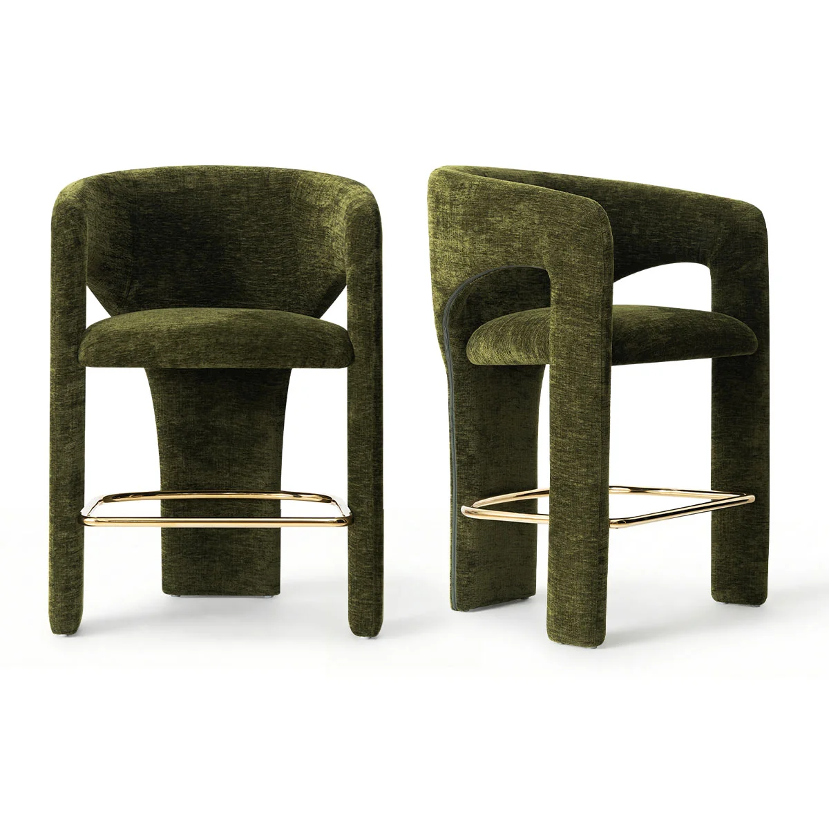 24.5" Modern Upholstered Counter Height Bar Stools With Barrel Back & Gold Footrest